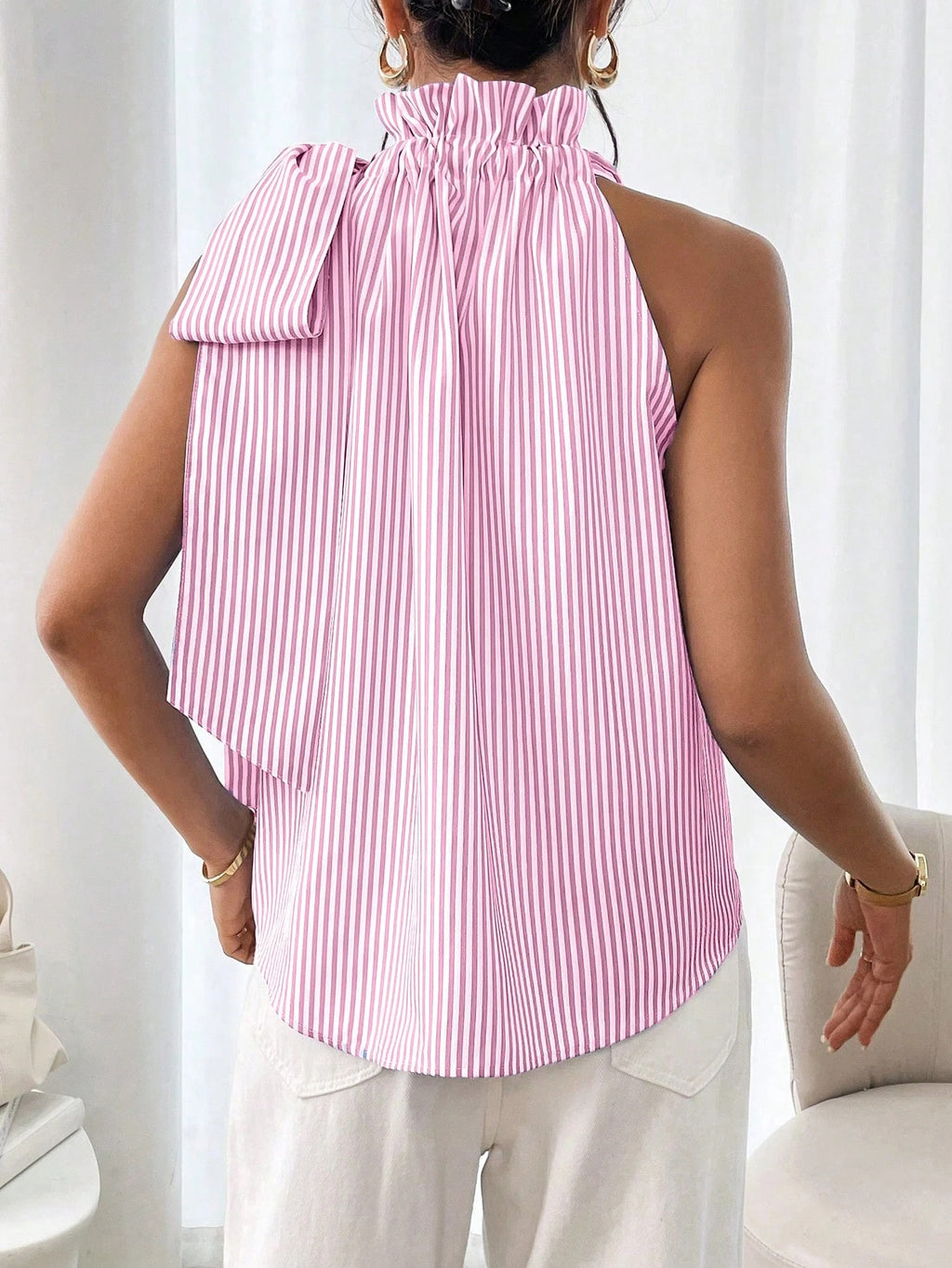 Striped Ruffle Neck Sleeveless Bow Top - Pink - 1
