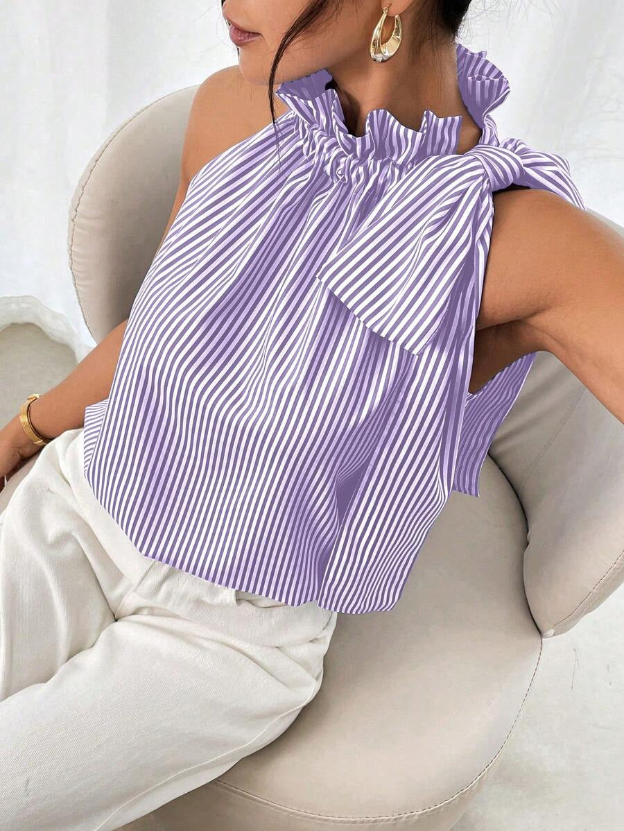 Striped Ruffle Neck Sleeveless Bow Top - Purple