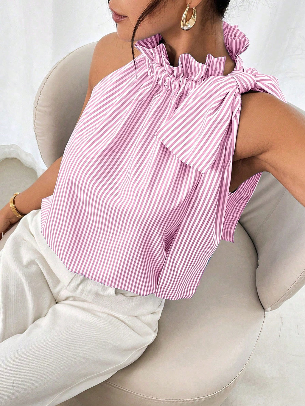 Striped Ruffle Neck Sleeveless Bow Top