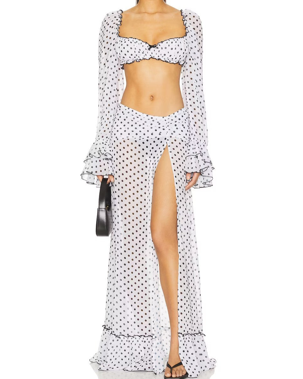 Polka Dot Flared Sleeve Beach Cover Up Set - White
