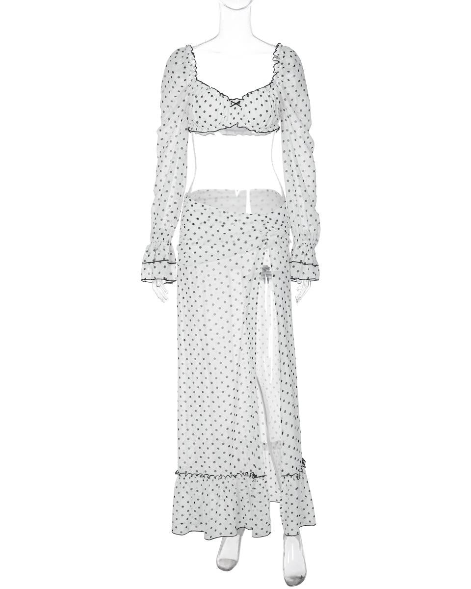 Polka Dot Flared Sleeve Beach Cover Up Set - White - 1