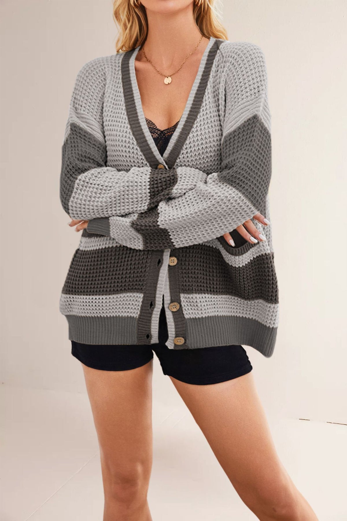Colorblock Waffle Knit Grandpa Cardigan - Gray