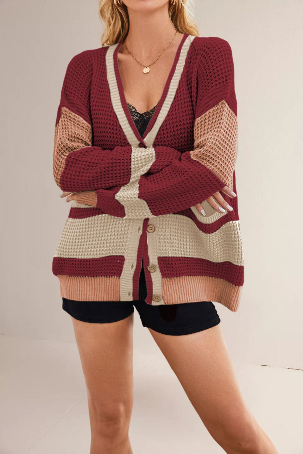 Colorblock Waffle Knit Grandpa Cardigan - Red