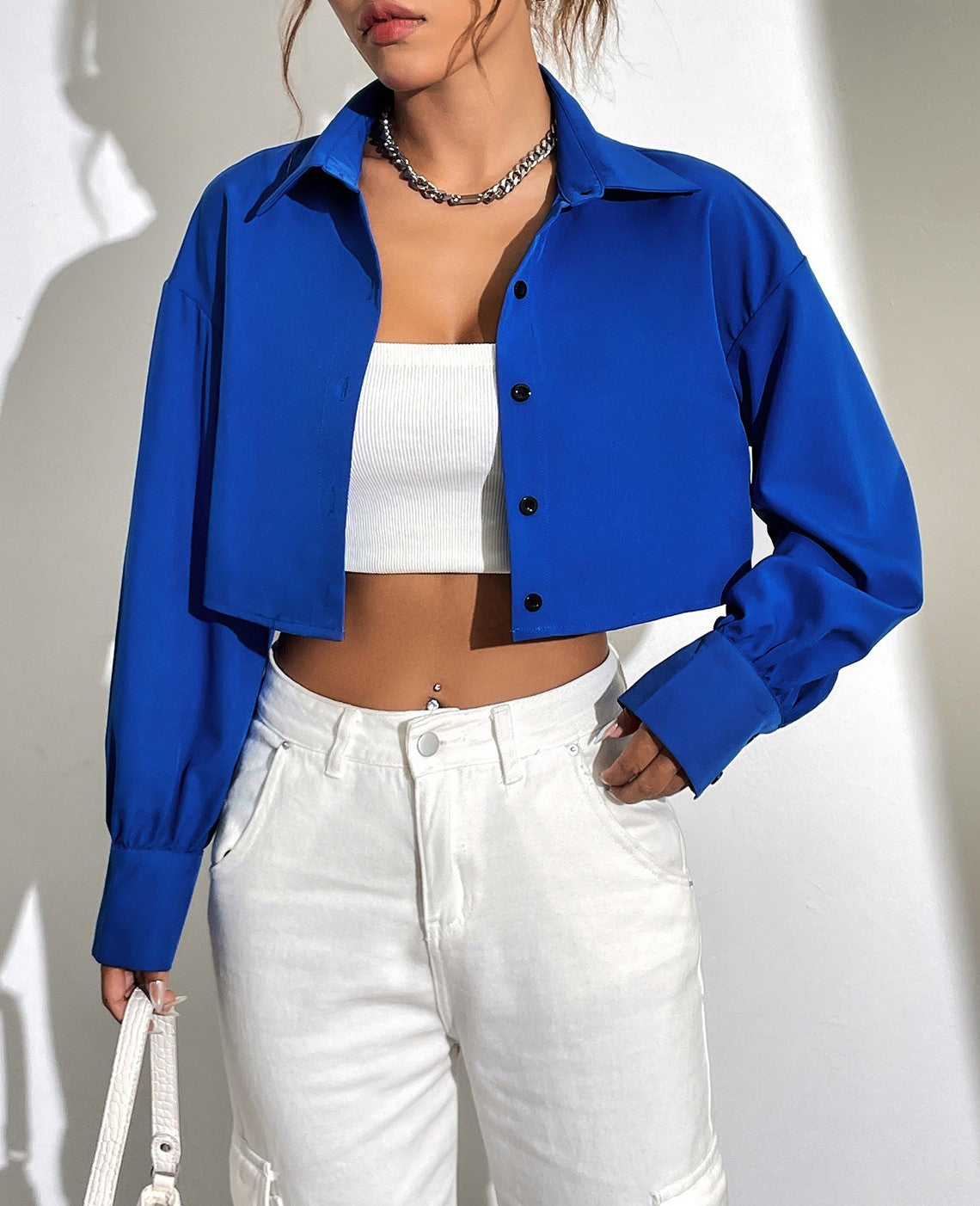 Cropped Boxy Collared Shirt Jacket - Blue