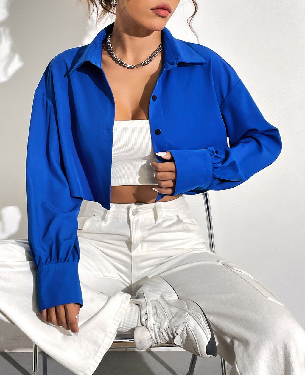 Cropped Boxy Collared Shirt Jacket - Blue - 1