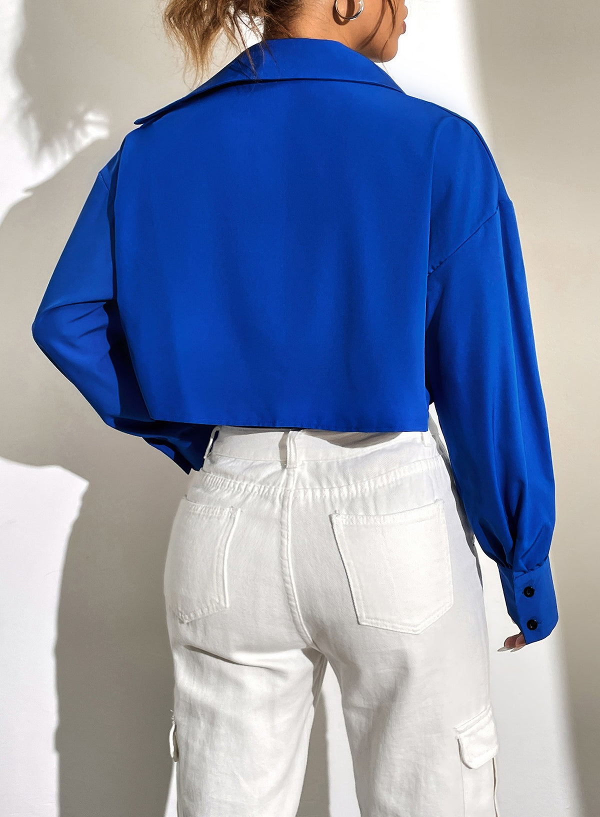 Cropped Boxy Collared Shirt Jacket - Blue - 2