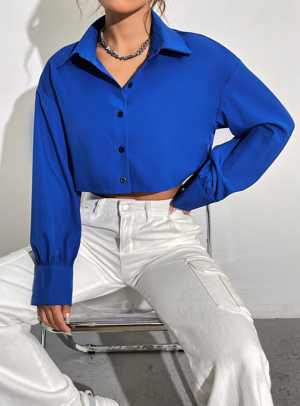 Cropped Boxy Collared Shirt Jacket - Blue - 3