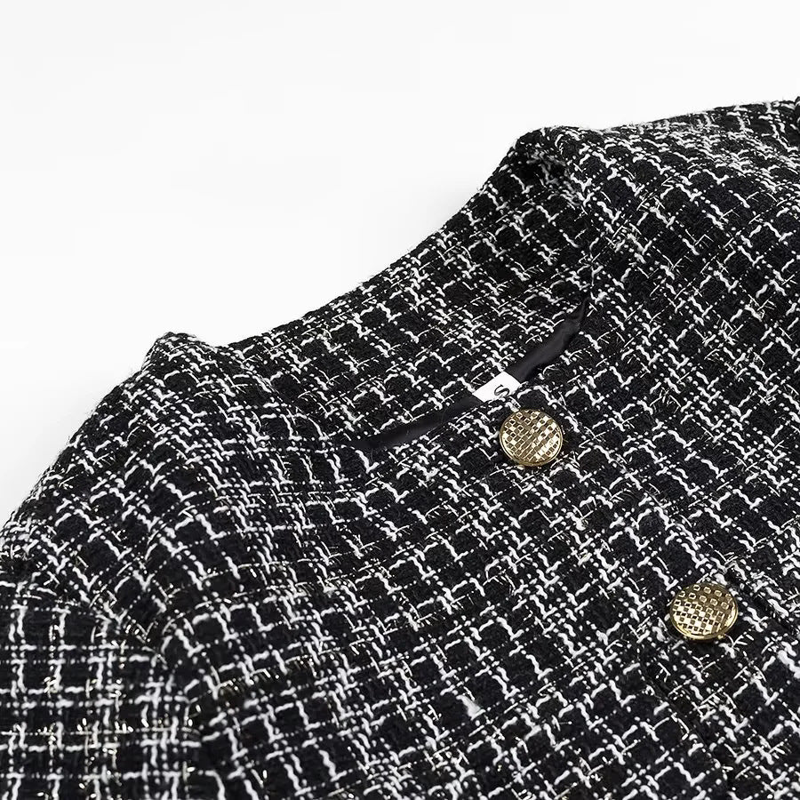 Metallic Fleck Tweed Button Front Jacket - Black - 1