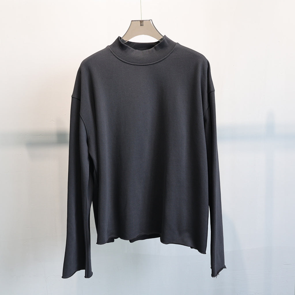 Boxy Mock Neck Sweatshirt With Raw Hem - Black