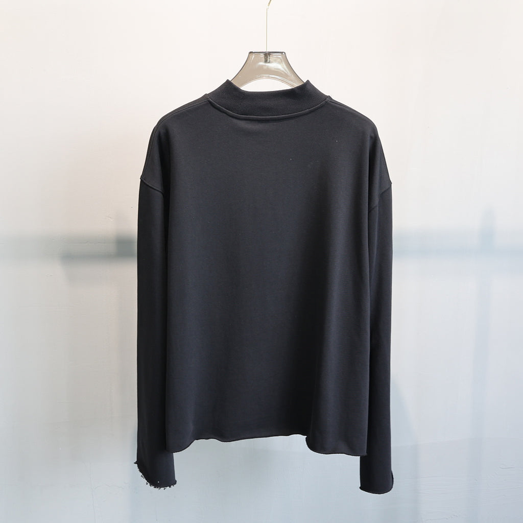 Boxy Mock Neck Sweatshirt With Raw Hem - Black - 1