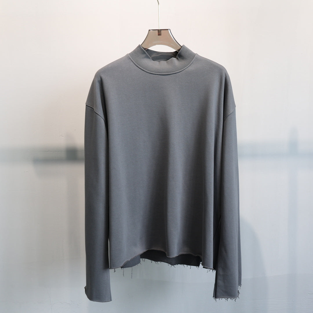 Boxy Mock Neck Sweatshirt With Raw Hem - Charcoal