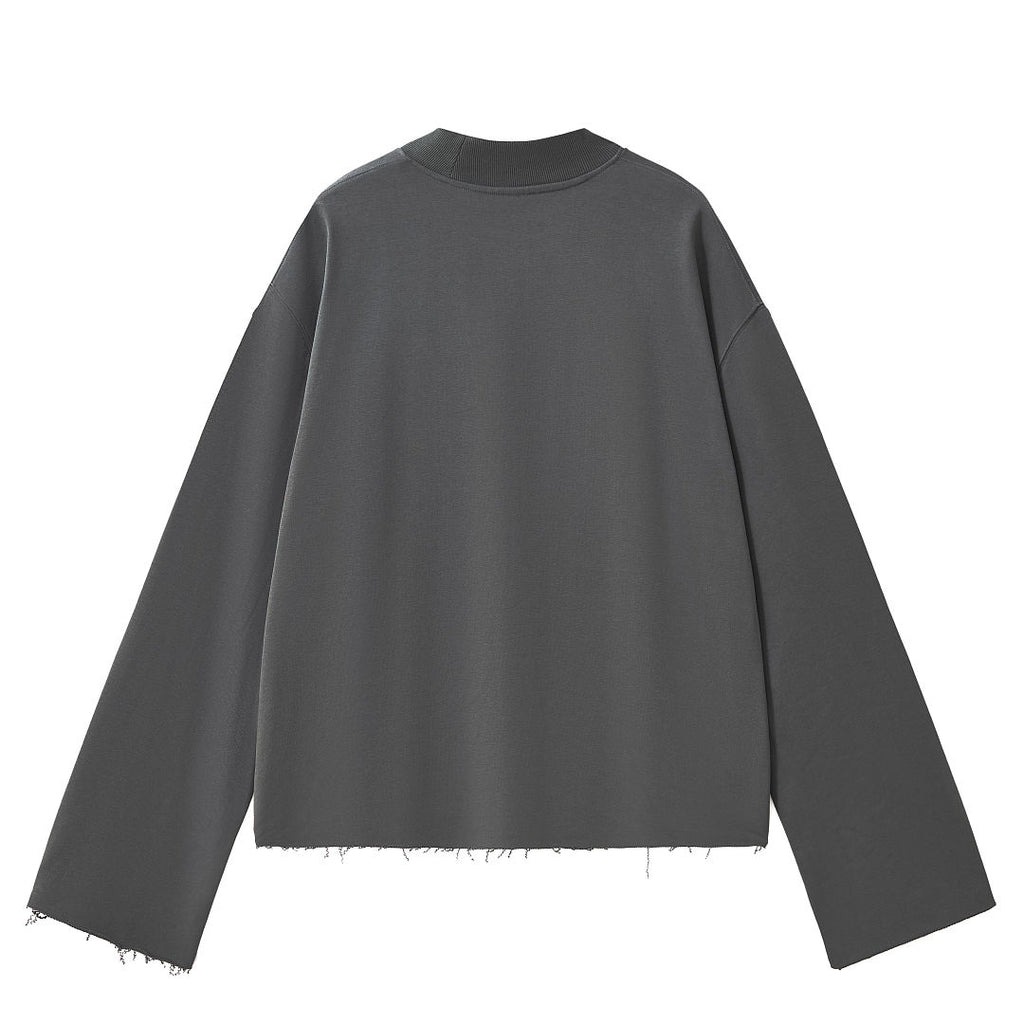 Boxy Mock Neck Sweatshirt With Raw Hem - Charcoal - 9