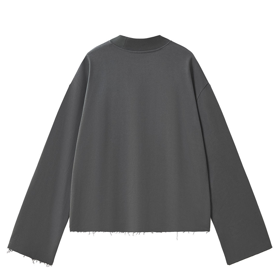 Boxy Mock Neck Sweatshirt With Raw Hem - Charcoal - 9
