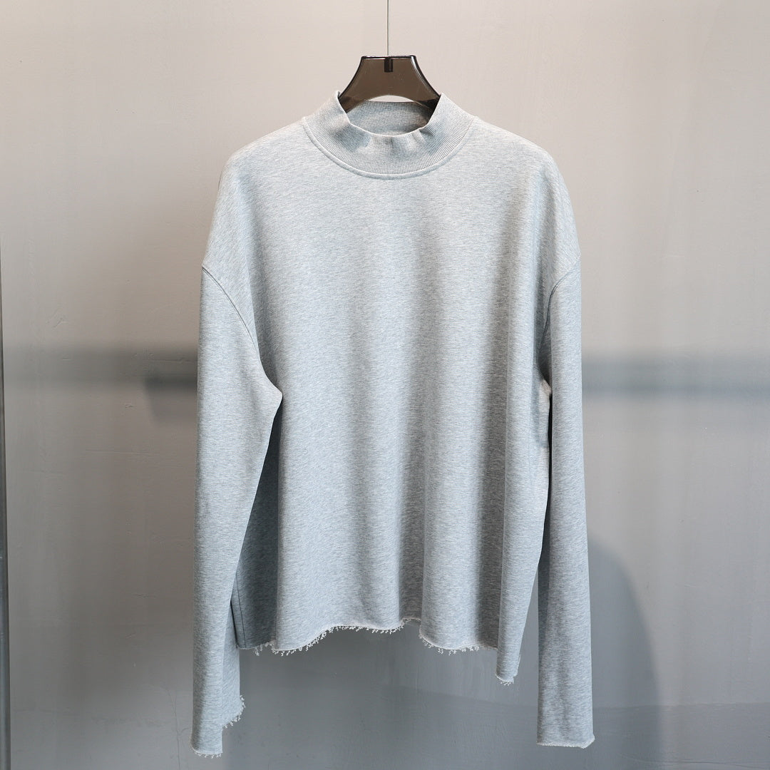 Boxy Mock Neck Sweatshirt With Raw Hem - Grey