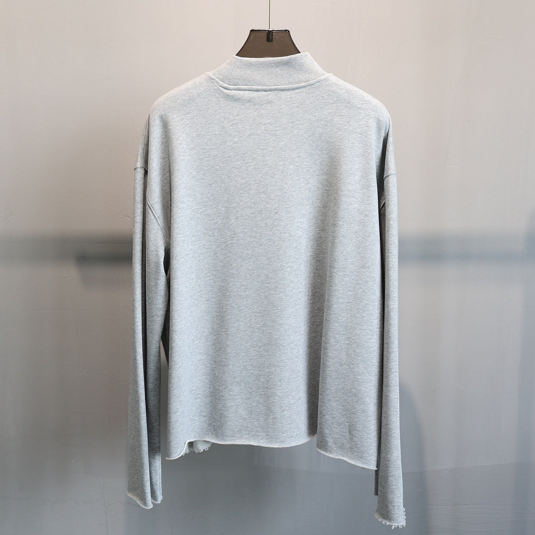 Boxy Mock Neck Sweatshirt With Raw Hem - Grey - 1