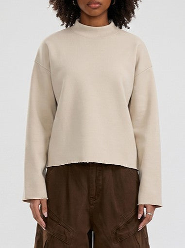 Boxy Mock Neck Sweatshirt With Raw Hem - Khaki