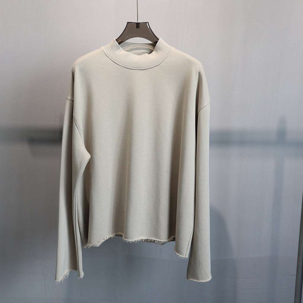 Boxy Mock Neck Sweatshirt With Raw Hem - Khaki - 1