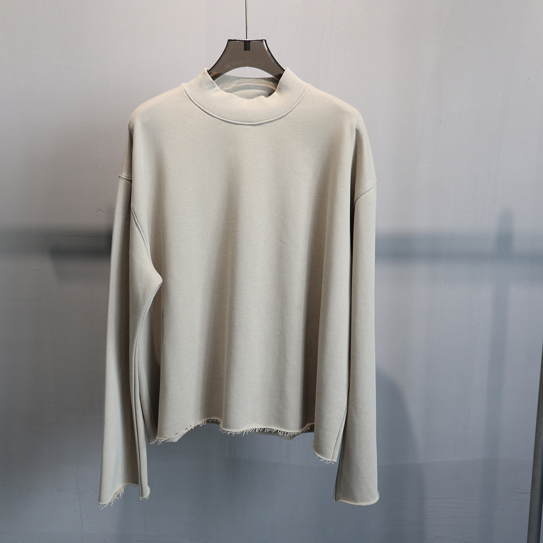 Boxy Mock Neck Sweatshirt With Raw Hem - Khaki - 1