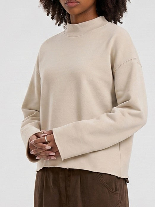 Boxy Mock Neck Sweatshirt With Raw Hem - Khaki - 3