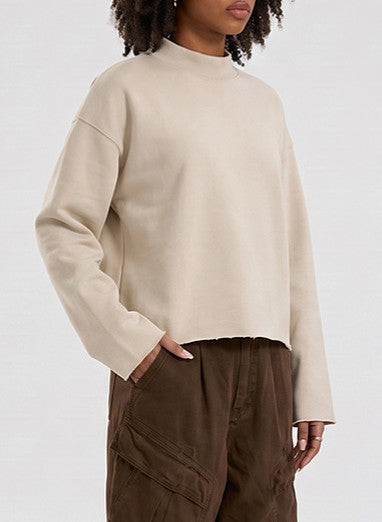 Boxy Mock Neck Sweatshirt With Raw Hem - Khaki - 4