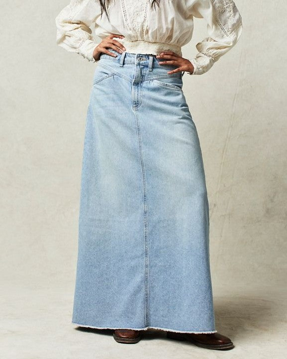 High Waist Denim Maxi Skirt With Raw Hem - Light-Blue - 1