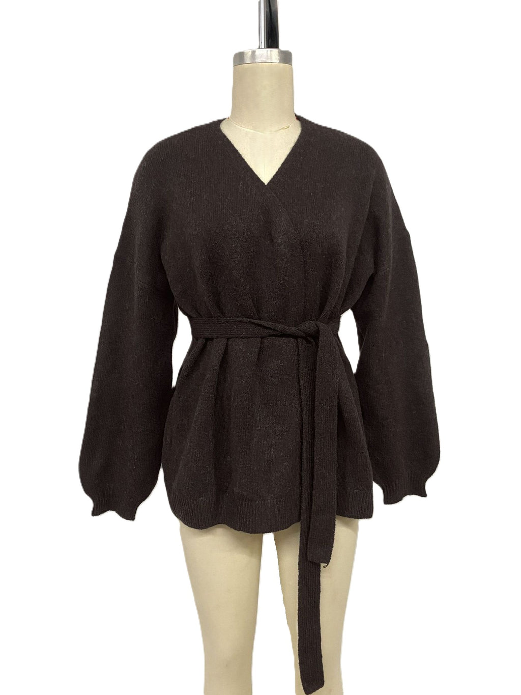 Coffee Brown Fuzzy Knit Balloon Sleeve Wrap Cardigan - Coffee_Brown - 1