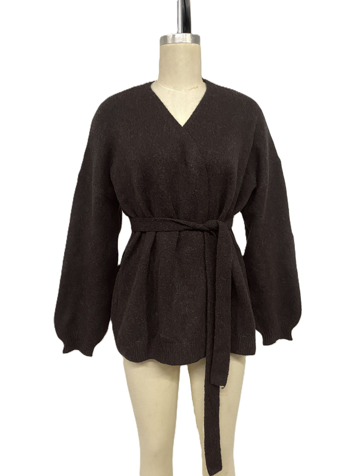 Coffee Brown Fuzzy Knit Balloon Sleeve Wrap Cardigan - Coffee_Brown - 1