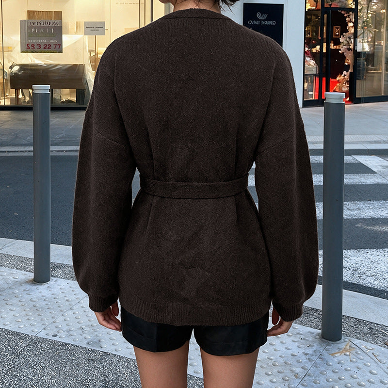 Coffee Brown Fuzzy Knit Balloon Sleeve Wrap Cardigan - Coffee_Brown - 2