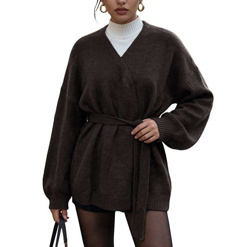 Coffee Brown Fuzzy Knit Balloon Sleeve Wrap Cardigan - Coffee_Brown - 3