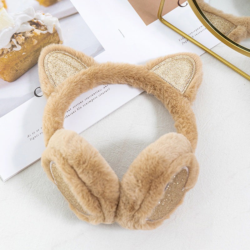 Plush Earmuffs With Glitter Heart Ears - Camel