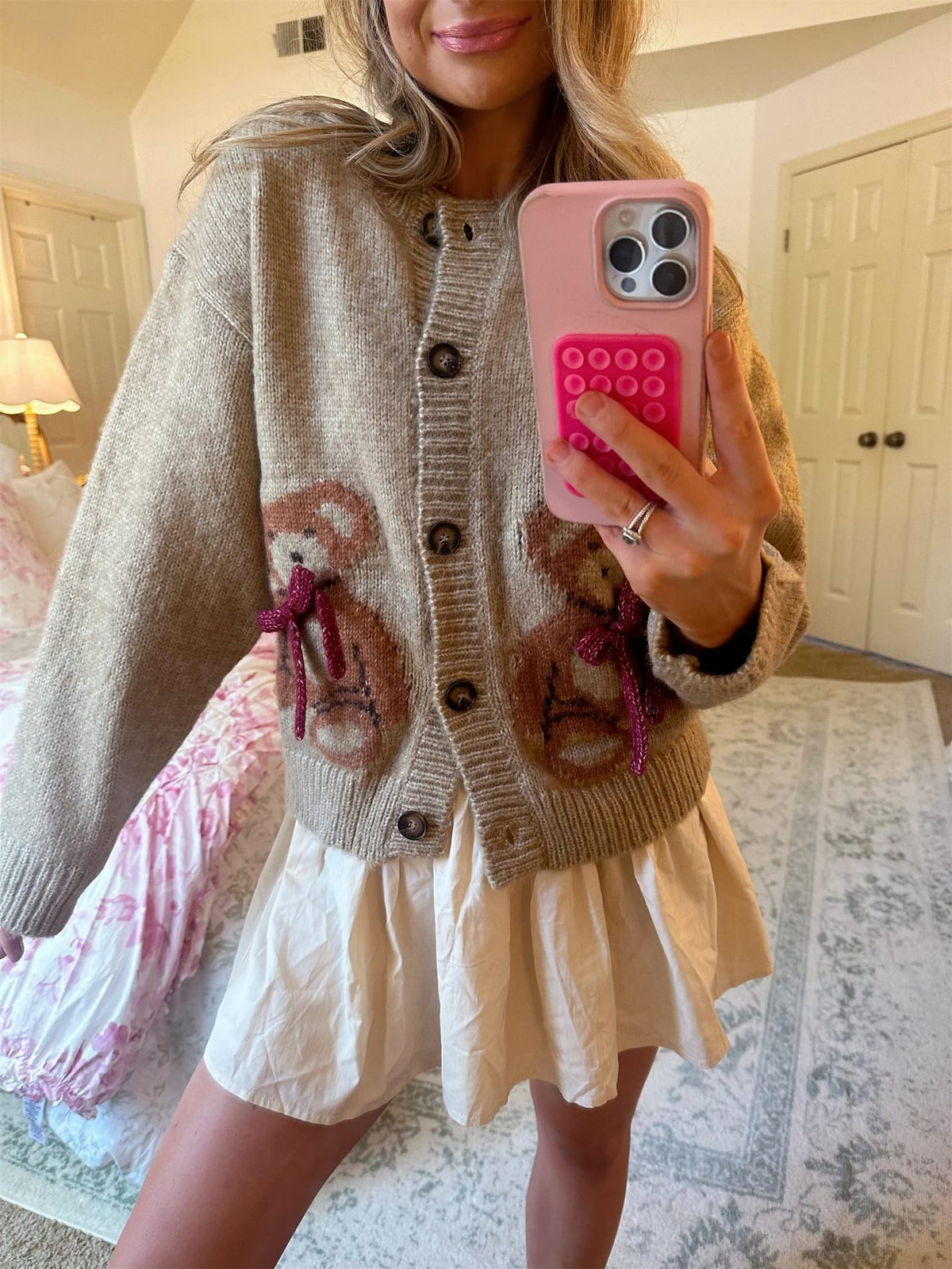 Bear Motif Chunky Knit Button Cardigan - Beige