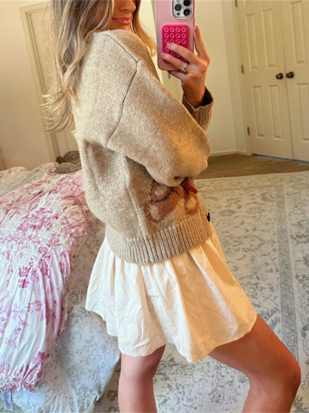 Bear Motif Chunky Knit Button Cardigan - Beige - 1