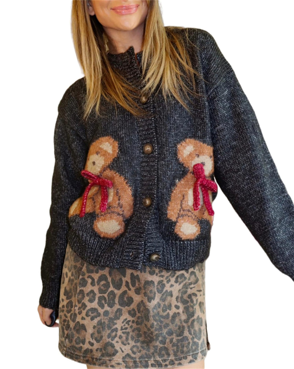 Bear Motif Chunky Knit Button Cardigan - Black