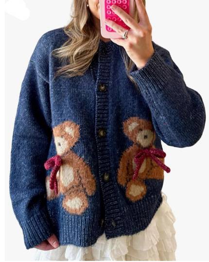 Bear Motif Chunky Knit Button Cardigan - Navy