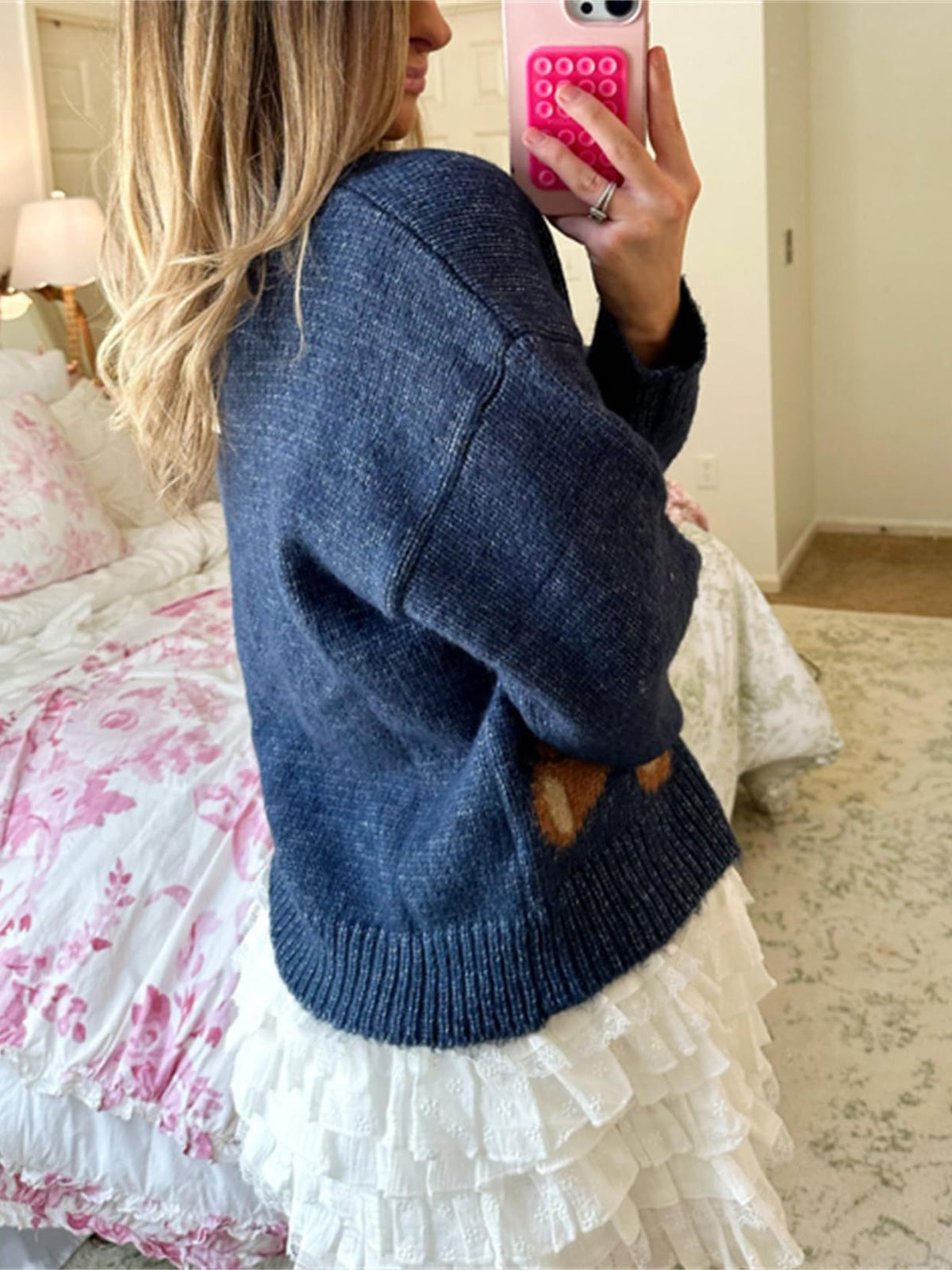 Bear Motif Chunky Knit Button Cardigan - Navy - 1