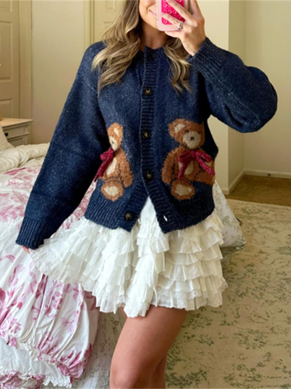 Bear Motif Chunky Knit Button Cardigan - Navy - 2