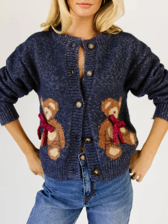 Bear Motif Chunky Knit Button Cardigan - Navy - 3