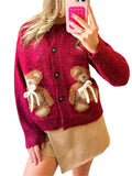 Bear Motif Chunky Knit Button Cardigan - Red