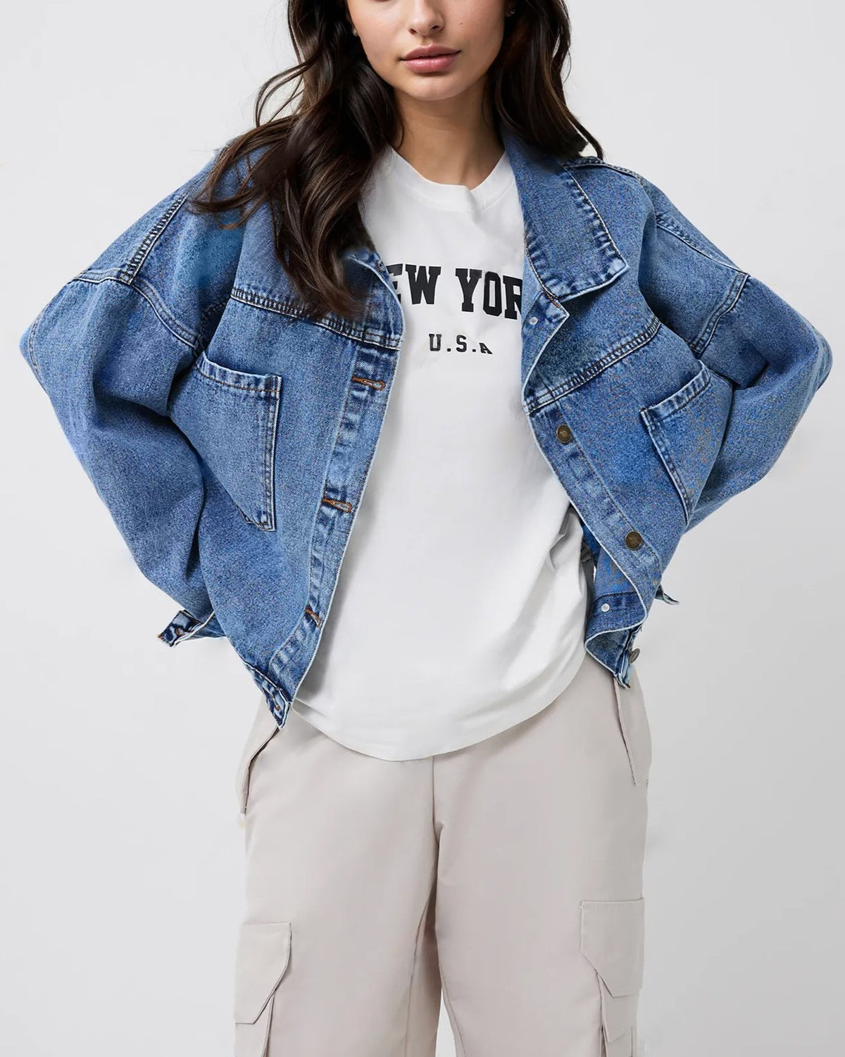 Oversized Drop Shoulder Denim Jacket - Blue