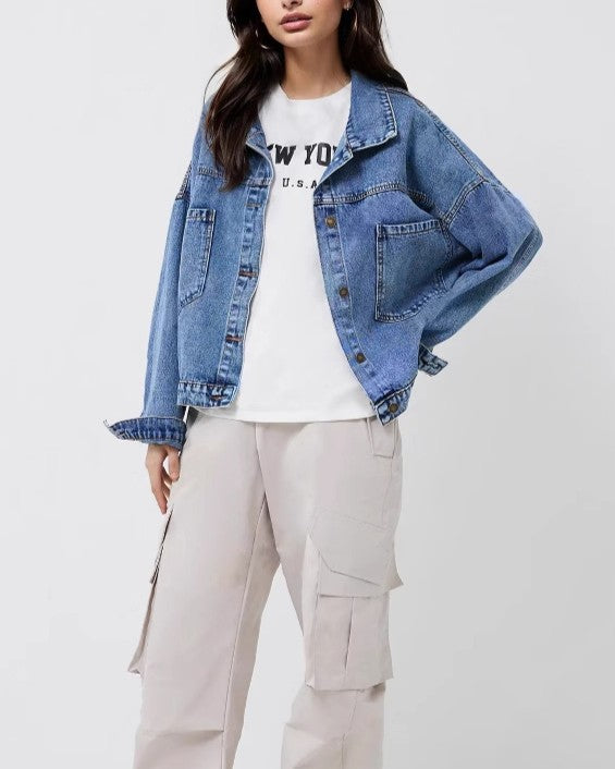 Oversized Drop Shoulder Denim Jacket - Blue - 1