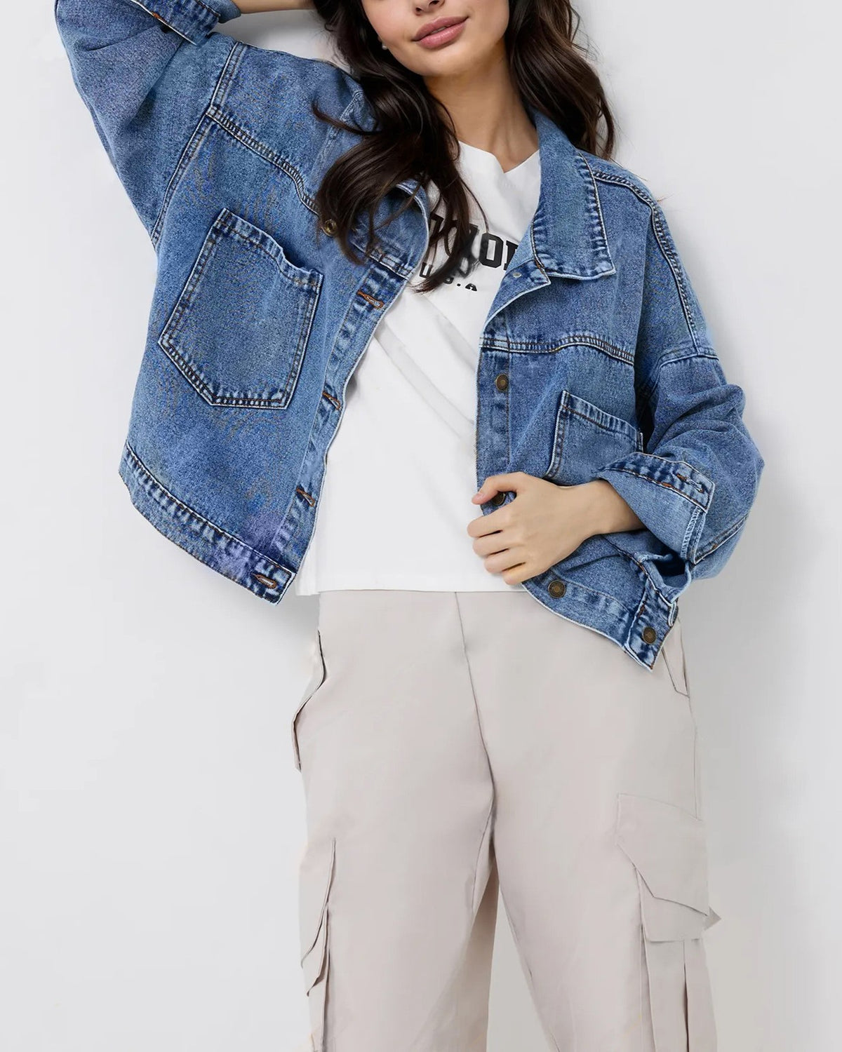 Oversized Drop Shoulder Denim Jacket - Blue - 2