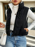 Reversible Cropped Puffer Vest With Stand Collar - Black