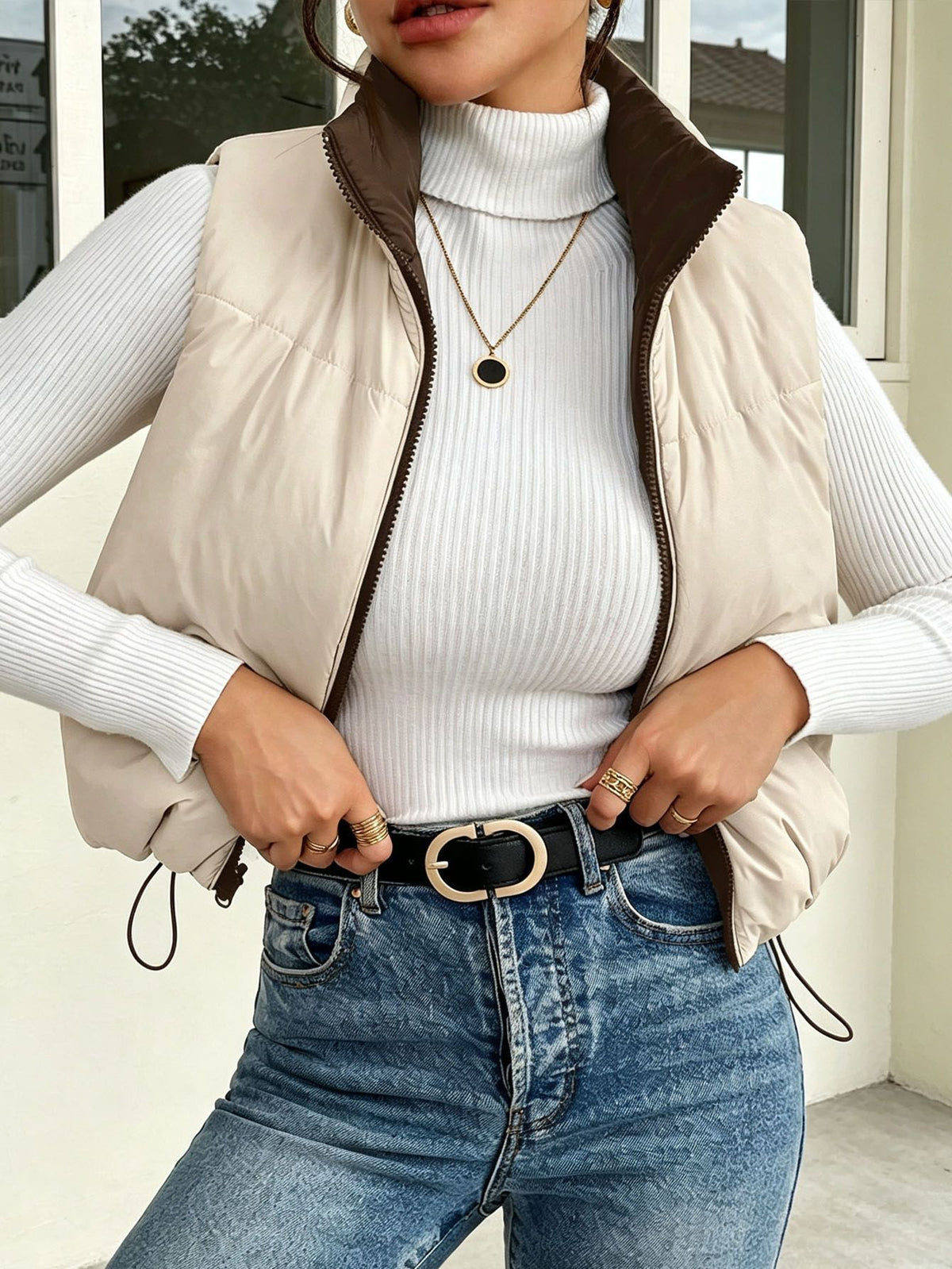 Reversible Cropped Puffer Vest With Stand Collar - Brown - 1
