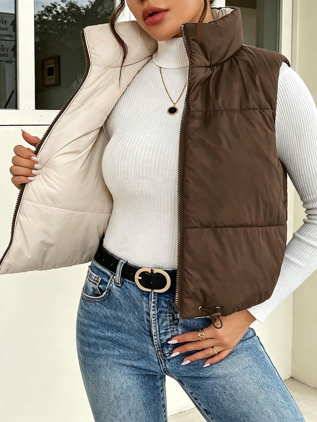 Reversible Cropped Puffer Vest With Stand Collar - Brown - 2
