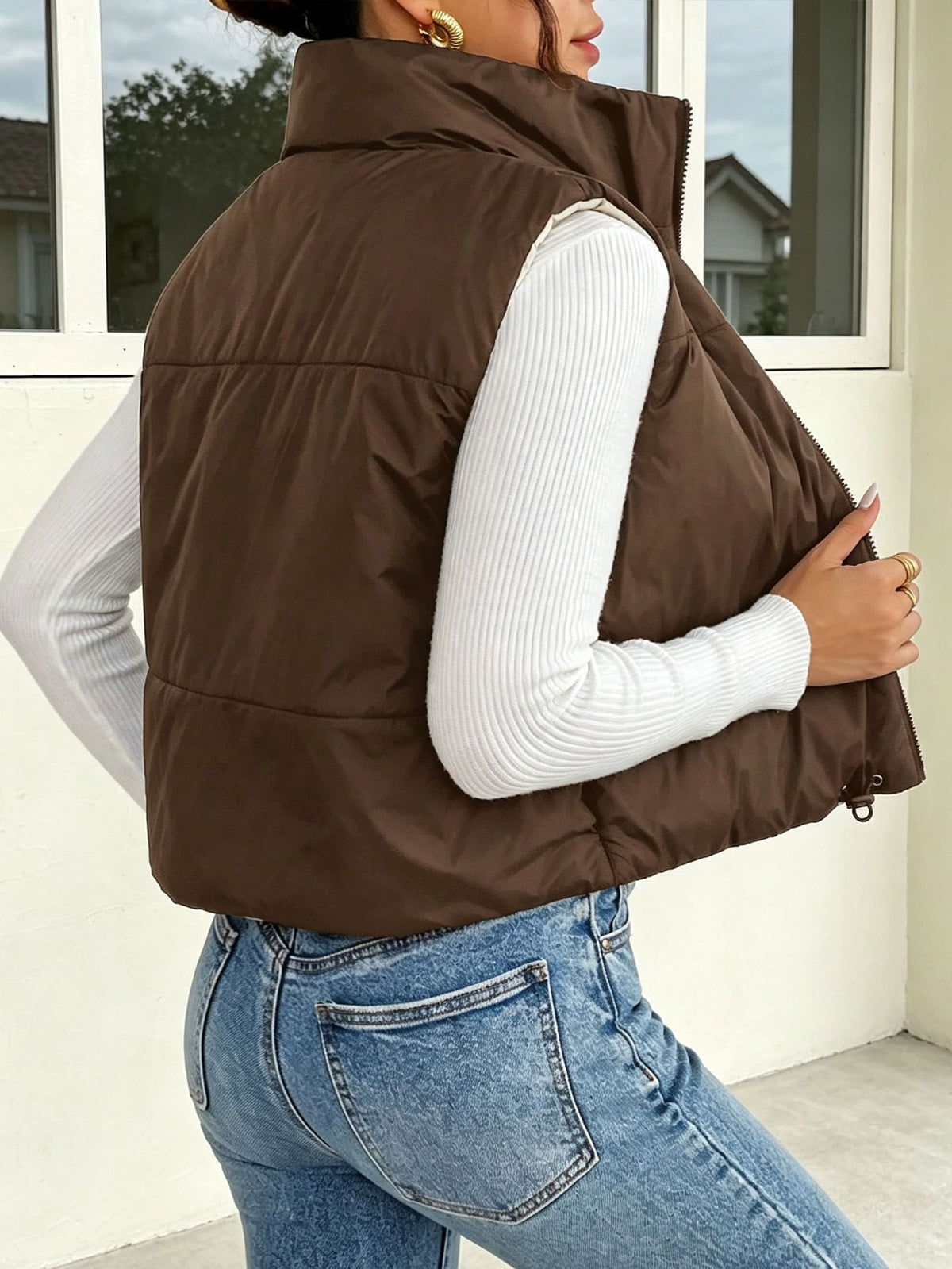 Reversible Cropped Puffer Vest With Stand Collar - Brown - 3