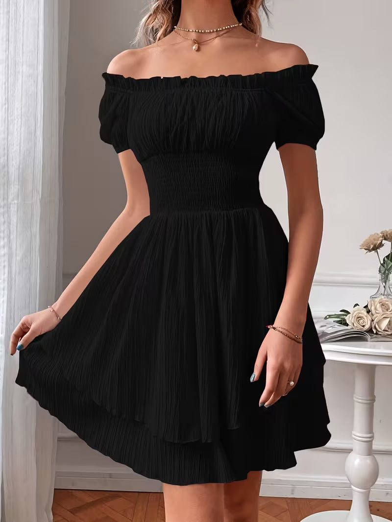 Smocked Bodice Puff Sleeve Tiered Mini Dress - Black