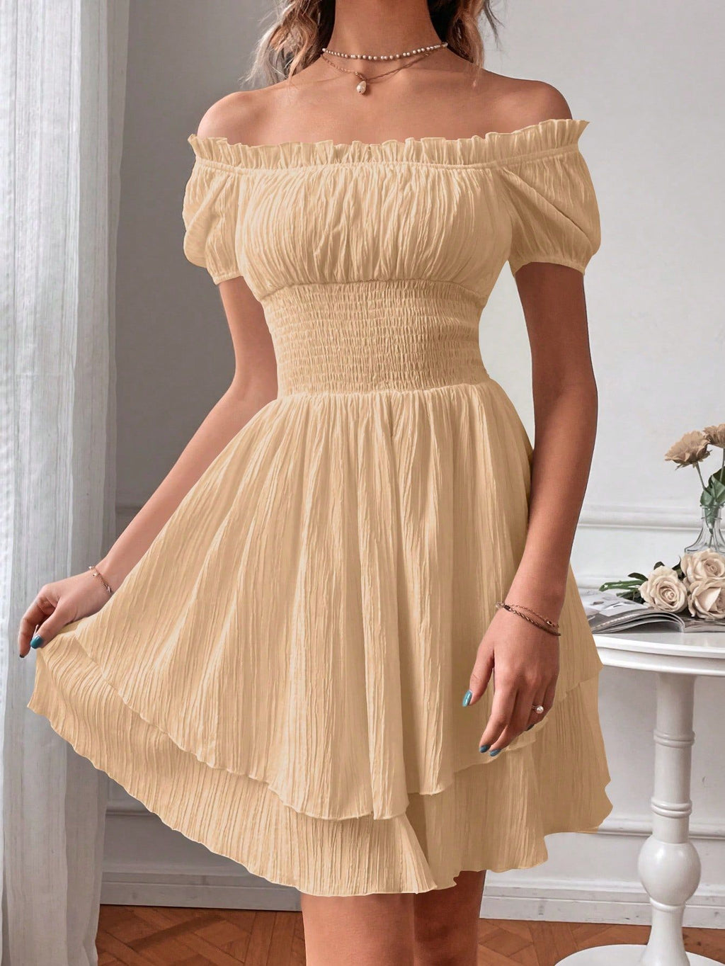 Smocked Bodice Puff Sleeve Tiered Mini Dress - Khaki