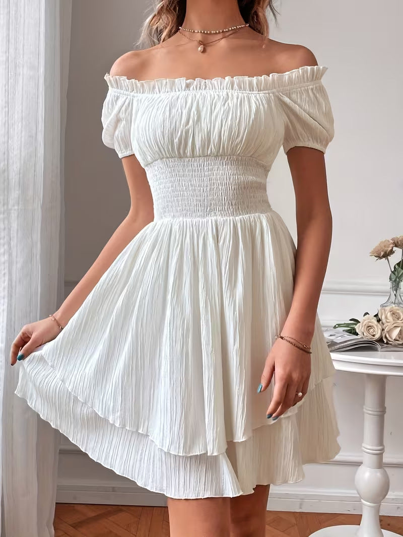Smocked Bodice Puff Sleeve Tiered Mini Dress - White