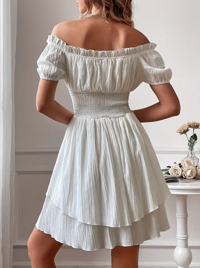 Smocked Bodice Puff Sleeve Tiered Mini Dress