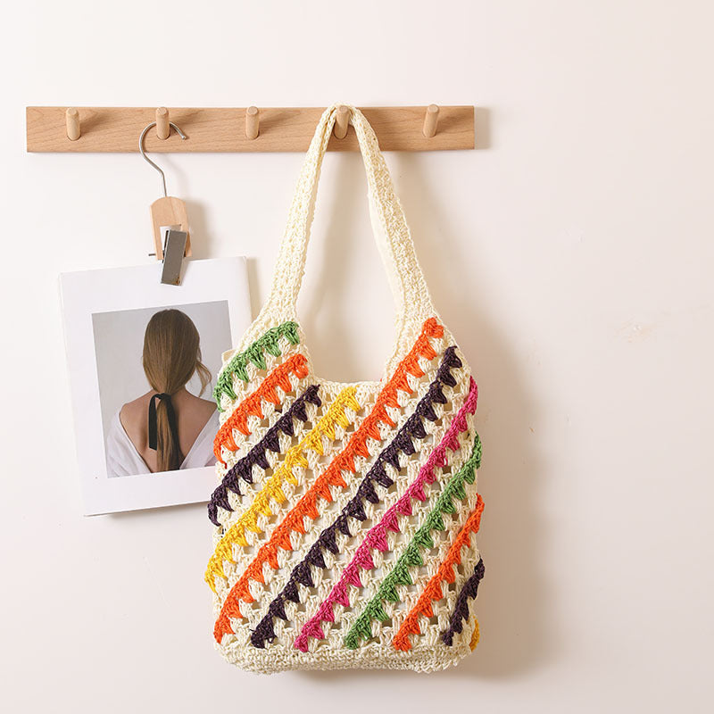 Colorful Striped Crochet Beach Shoulder Bag - Color_1